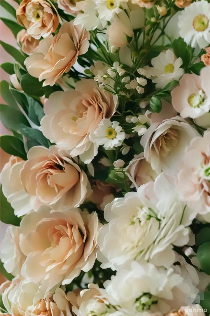 Close-up of a bouquet of flowers with petals floating in the air, creating a dreamlike atmosphere