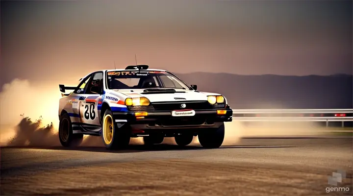 Realistic style. Realtime. Night. Rallycar "Toyota ae86 Trueno" drives on rally track on very high speed with dust out of the wheels. Headlights on. Lampposts illuminate the road. A lot of people watching this behind of guardrail. 