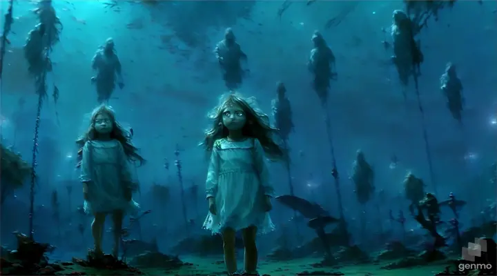 a young girl standing in the middle of a underwater forest