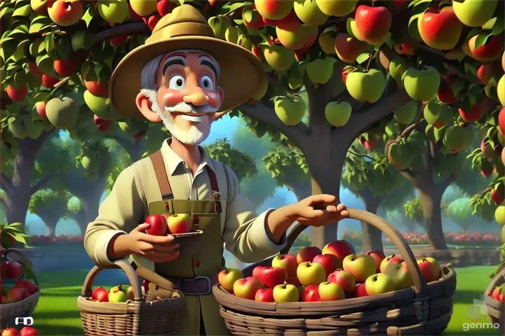 a cartoon character holding a basket of apples happily pluck fruits