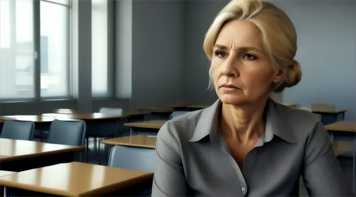 

50-year-old blonde woman, very chic, hair tied up, ,gray shirt, alone, talking very worried to the camera, empty school board table, Brazil, realistic