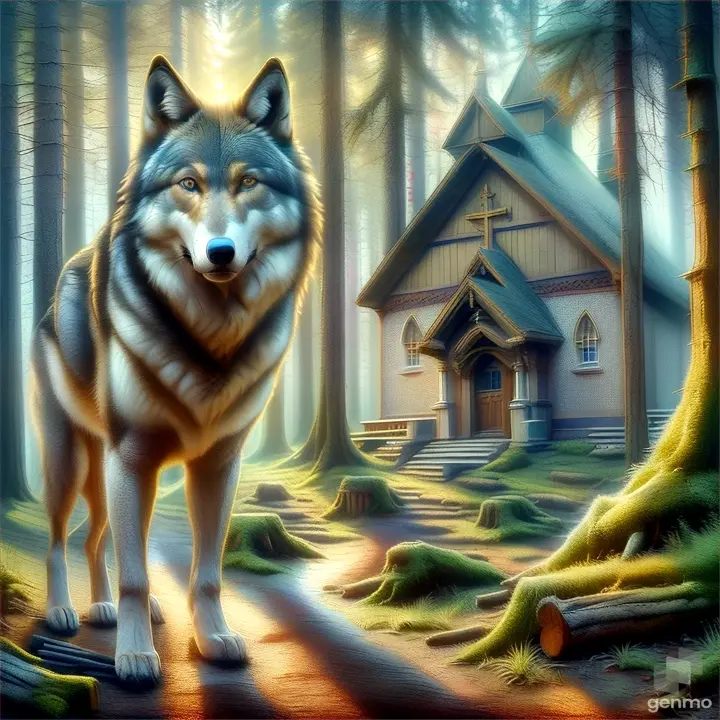 a wolf standing in front of a church