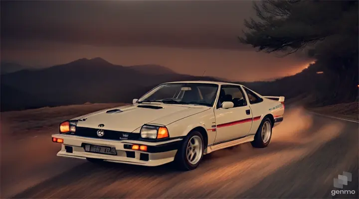 settings: Realistic style. Realtime. Night. Foreground: Car "Toyota ae86 Trueno" drives on mountain road on very high speed with dust out of the wheels. Headlights on. Background: The beacons on the guardrails are flashing. Many trees along the edge of the road.