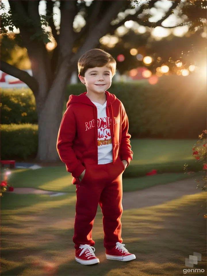 A 5 year old boy wearing red trousers and a red hoodie holding a golden box in a backyard 