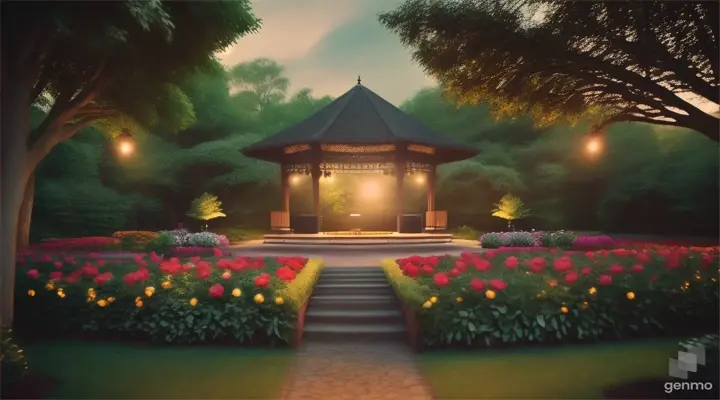 Smaller concert stage in the middle of well-kept garden, surrounding lush trees and vivid flowers, cinematic lighting, RAW photo quality