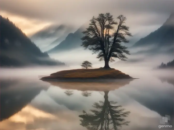 Beautiful mountain range rising from a foggy lake, with a lone tree on the shore and misty clouds overhead