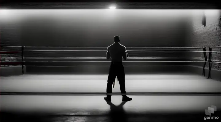 Empty boxing ring in small dark room and a bloodthirsty audience, in the background you can see spots and a raw brick wall, Fight club, Boxing tournament, RAW photo quality, cinematic lighting