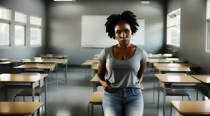 35-year-old black woman, hair tied up, gray t-shirt and jeans, standing, holding a chair on her lap, in her arms, empty classroom, Brazil, realistic