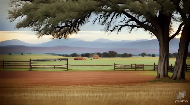 Texas farm with horse corral, cowboys, lasso, trees and mountains RAW photo quality