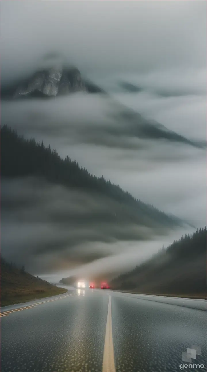 A highway in rainy weather between mist-shrouded mountains, with crosses standing in the fog