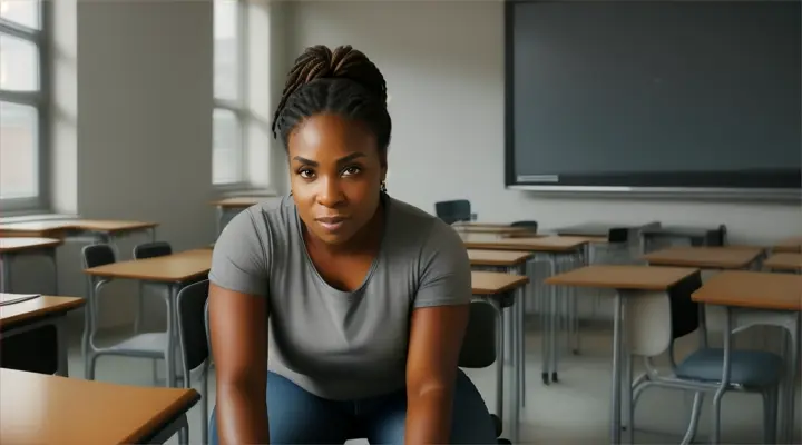 35-year-old black woman, hair tied up, gray t-shirt and jeans, standing,   lifting a chair , empty classroom, realistic