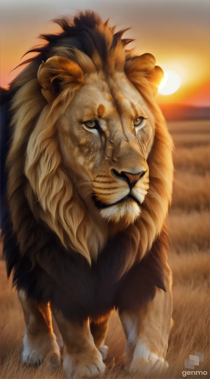 A lion roaring on a golden plain at sunset, its mane and fur backlit by the sun.