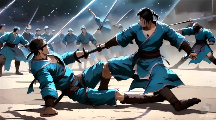 The swordsman in blue jumped and rolled on the ground as his sword collided with his opponent in dark clothes his leg kicked him