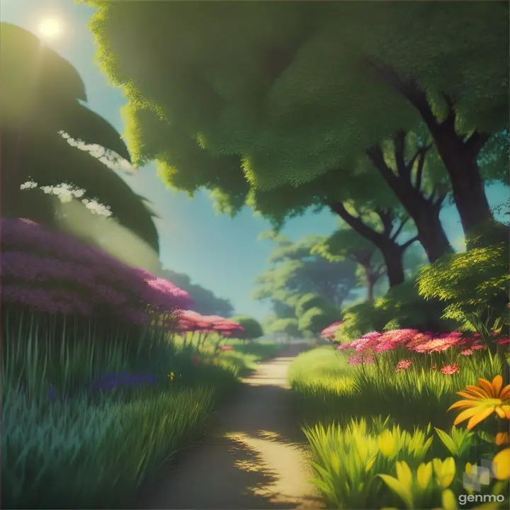 beautiful green jungle, big flowers sunny, realistic, Anime