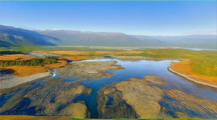 an aerial view of a body of water surrounded by mountains