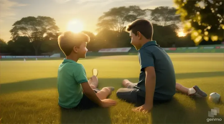 Man and young boy watching a cricket game in a lush, grassy field