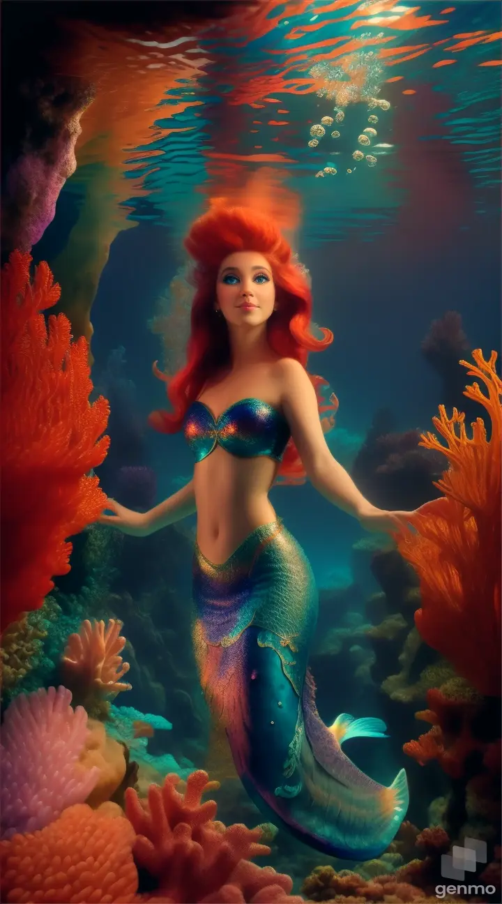 A beautiful woman Disney mermaid exploring a magical underwater cave filled with treasure