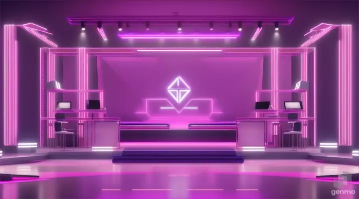 with logo in the background, light purple Minimalist stage design, Show cosmetics podium, platform