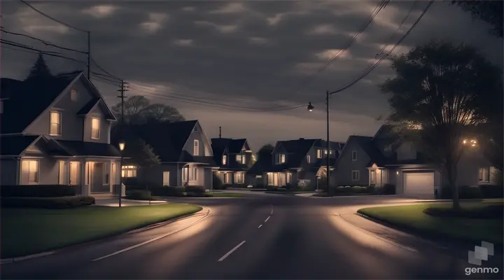 An animated scene depicting Rachel's suburban neighborhood, with houses, trees, and streetlights, gradually transitioning to a darker and more foreboding atmosphere as the spirit's presence looms.