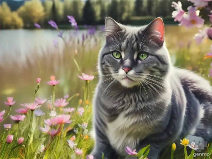 Grey cat sits on the meadow with beautiful flowers near the bank of the crystal lake 