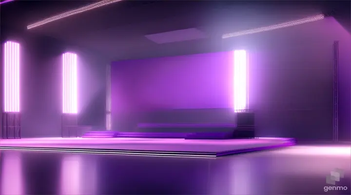 with logo in the background, light purple Minimalist stage design, platform, camera motion from high level