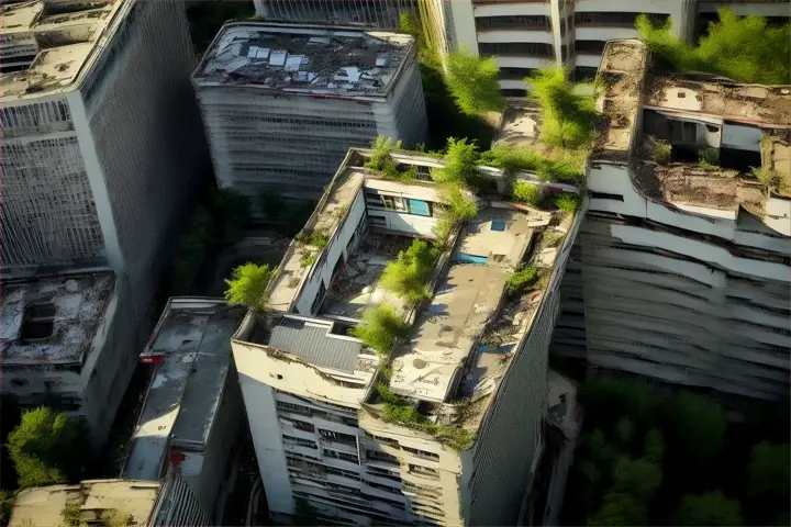 an aerial view of an abandoned building in a city