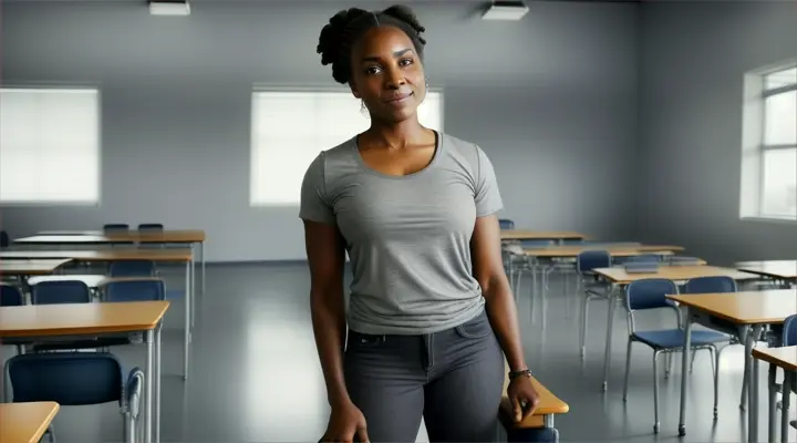 
35-year-old black woman, hair tied up, gray t-shirt and jeans, standing, lifting and carrying a chair, empty classroom, realistic