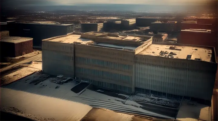 an aerial view of an abandoned building in a city