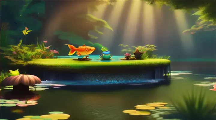 Animated fish and frogs talking in a magical forest pond