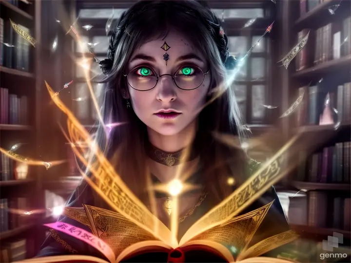Nerd goddess sitting at her desk in a Harry Potter-esque classroom, surrounded by flying books, mystical artifacts, and glowing runes. Bokeh lights add a magical touch.As the camera pans through the classroom, the bokeh magic of the lights creates a dreamlike atmosphere. In the center of the room stands a nerds goddess, her glowing eyes adding a touch of mystery to her already intriguing presence. The toxic punk runes on her skin seem to come to life, their intricate details adding to the overall cinematic feel of the scene, Techno #аниме, experiment,
