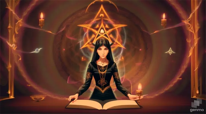 Animated depictions of Rachel studying occult books and performing rituals, with swirling symbols and mystical energies surrounding her, conveying her determination to confront the spirit using arcane methods.