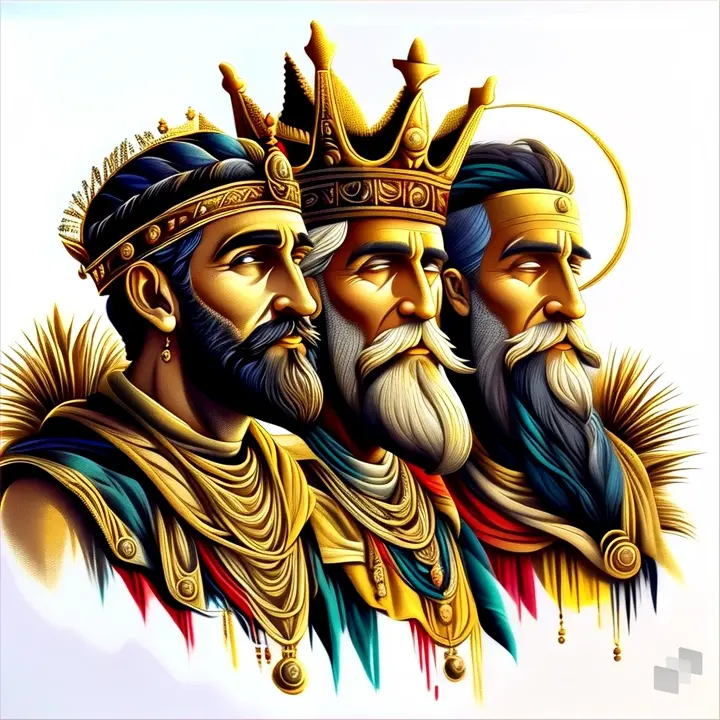 three men with crowns on their heads