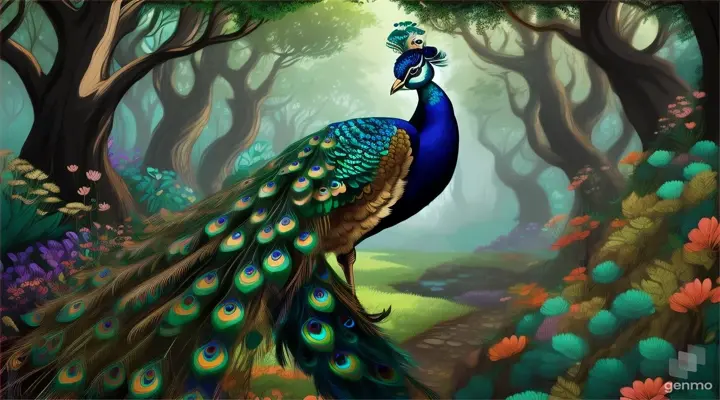 a cartoon of one beautifull peacock in a forest , 16:9 ratio