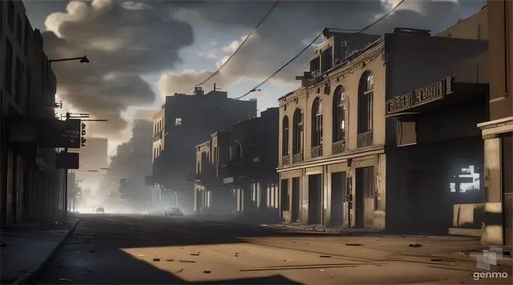 Una calle solitaria y desierta, donde las sombras de la miseria y el abandono se alzan sobre edificios en ruinas, mientras la vida parece desvanecerse en la oscuridad.