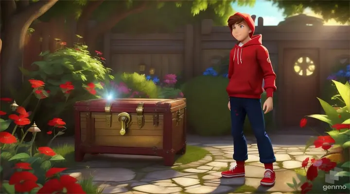 An animated cartoon of a 15 year old boy wearing red trousers and a red hoodie in a backyard near an old treasure chest