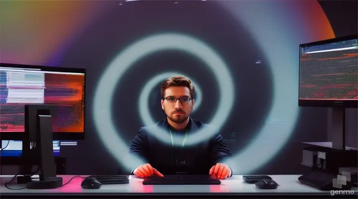 a man sitting at a desk with multiple computer monitors