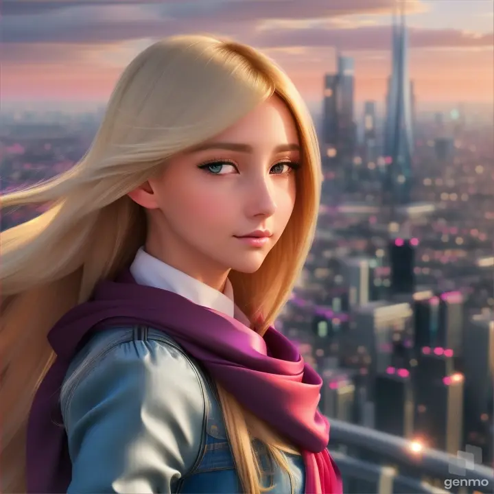 lively natural European girl opens/closes her eyes, her blonde hair fluttering in the wind and a silky scarf, a high-tech cityscape with skyscrapers is visible on the horizon