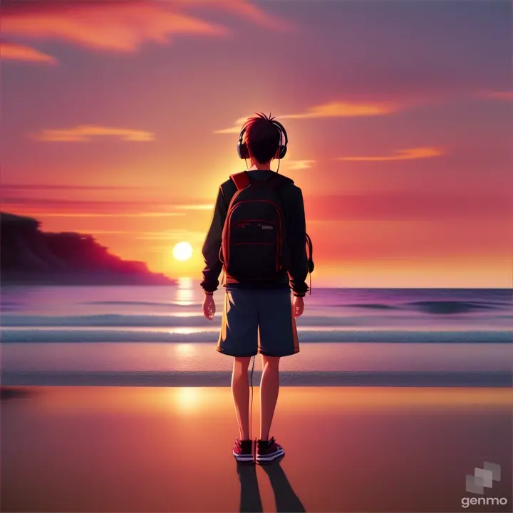 a dark anime character standing Infront of a beach sunset wearing headphones, backpack, dark, anime.