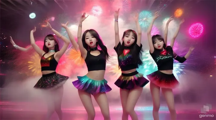 Kpop girls dance in white smoke and swirling sparks of colorful fireworks