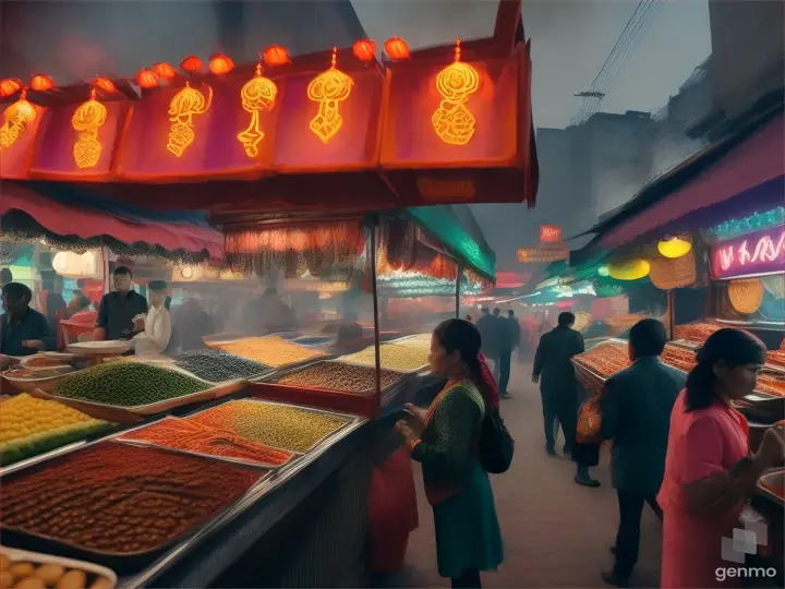 An exotic night market with vibrant karahi pots and bustling crowds, awash in colorful lights and hazy smokeA green-hued nighttime scene with a cookware market stall selling elaborate karahi pots and pans