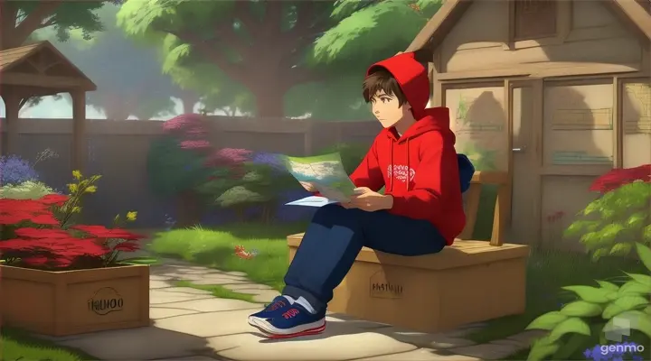 An animated cartoon of a 15 year old boy alone wearing dark blue trousers and a red hoodie in a backyard near a dusty box with a map in it