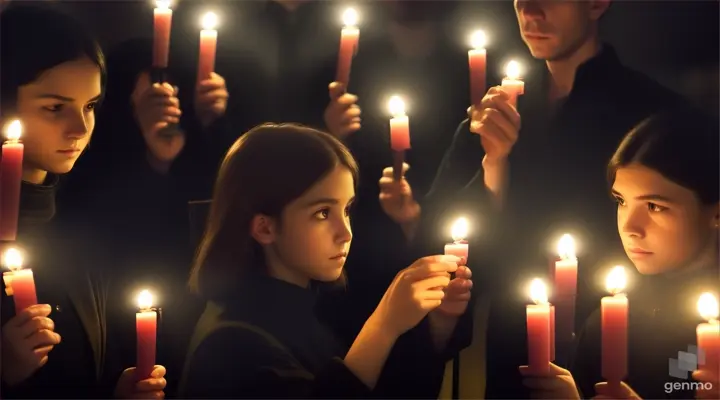 general shot of a gathering of multiple people, holding candles aloft in the darkness.