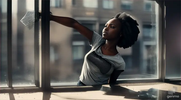 Black woman wears a gray t-shirt and jeans throwing a chair at a glass window, realistic