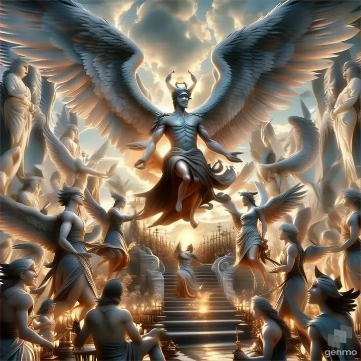 a painting of an angel surrounded by other angels