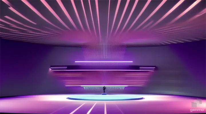 with logo in the background, light purple Minimalist stage design, platform, look down