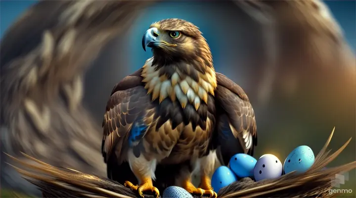 “Golden eagle and two white eggs with blue dots in nest”