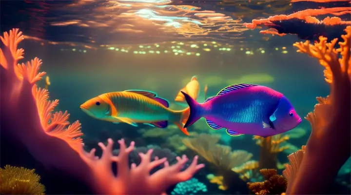 A school of neon fish swimming towards the sun, with the colorful underwater coral and plants silhouetted against golden light