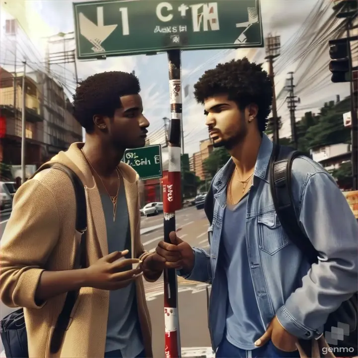 a couple of men standing next to a street sign