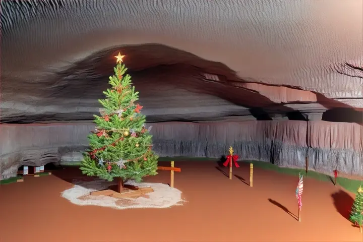 a christmas tree in the middle of a cave