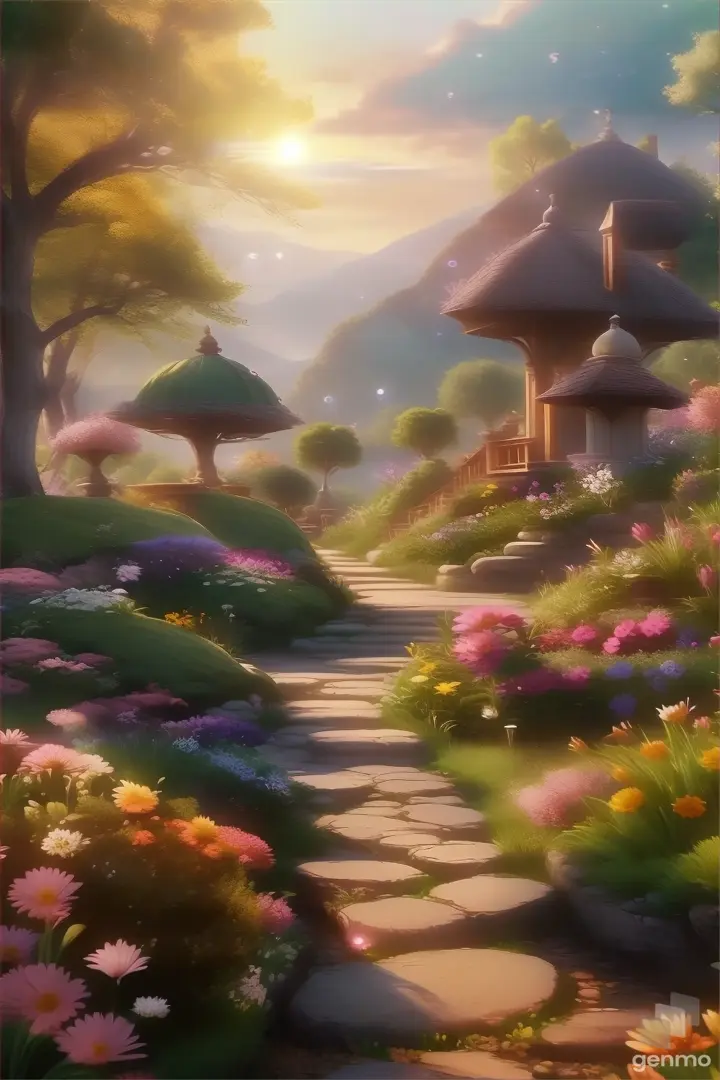 a garden with flowers and a path leading to the sun